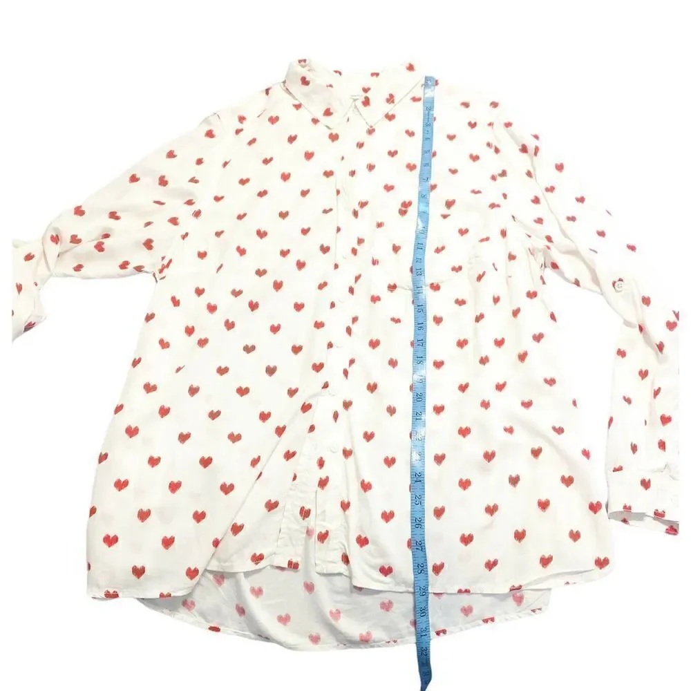 BeachLunchLounge Collection Women’s White Red Heart Button Down Blouse- No Size